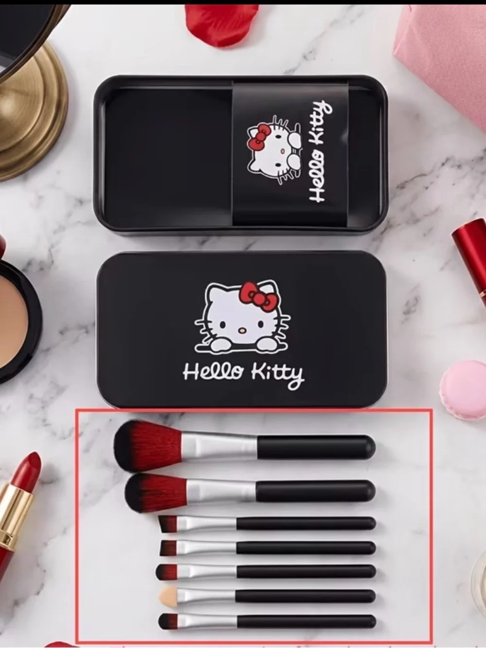 🆕 7 PC Hello Kitty Black Handle Makeup Brush Set with Red Ombre Bristles